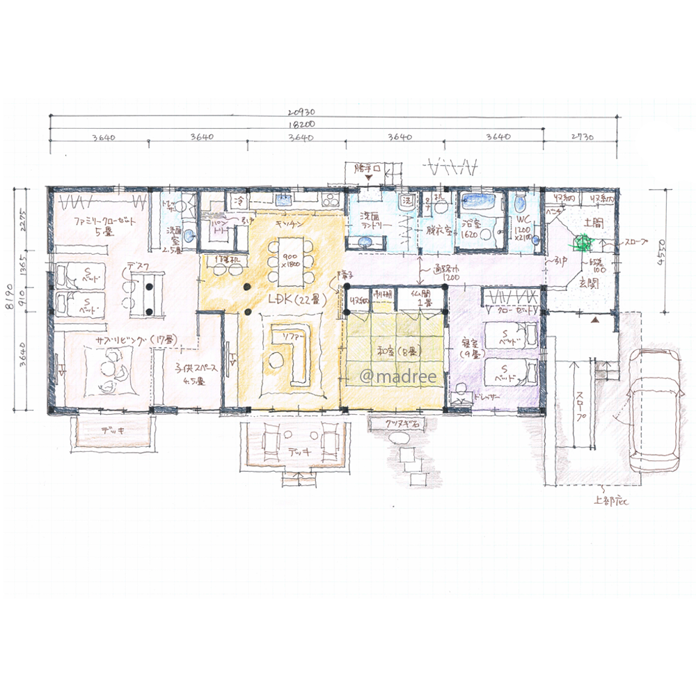 必要に応じて二世帯風になる、庭園に向けて開放的なバリアフリー平屋