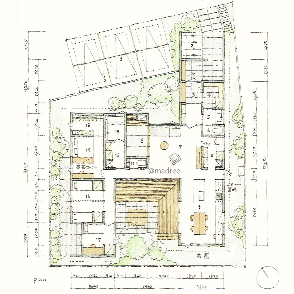 中庭から自然光差し込む、囲まれた敷地でも明るくプライバシー確保した平屋