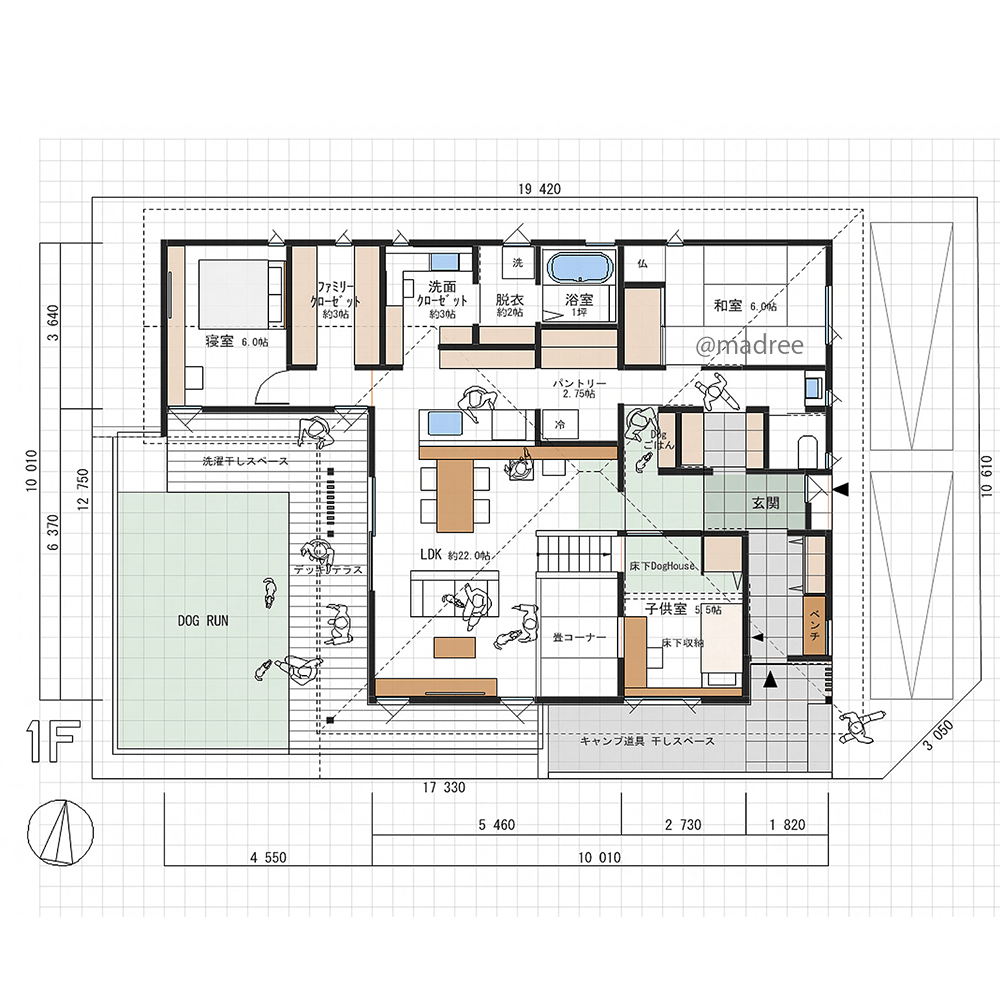 小屋裏子ども室で空間活用、人と愛犬が安心の距離で暮らす平屋