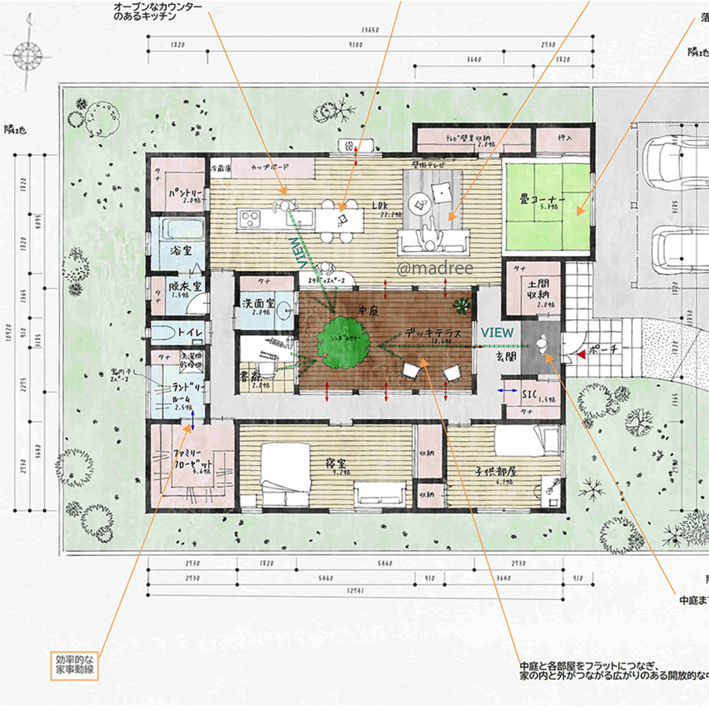 中庭から緑、光、風が降り注ぐ、内外つながり家族に憩いと潤い与える平屋