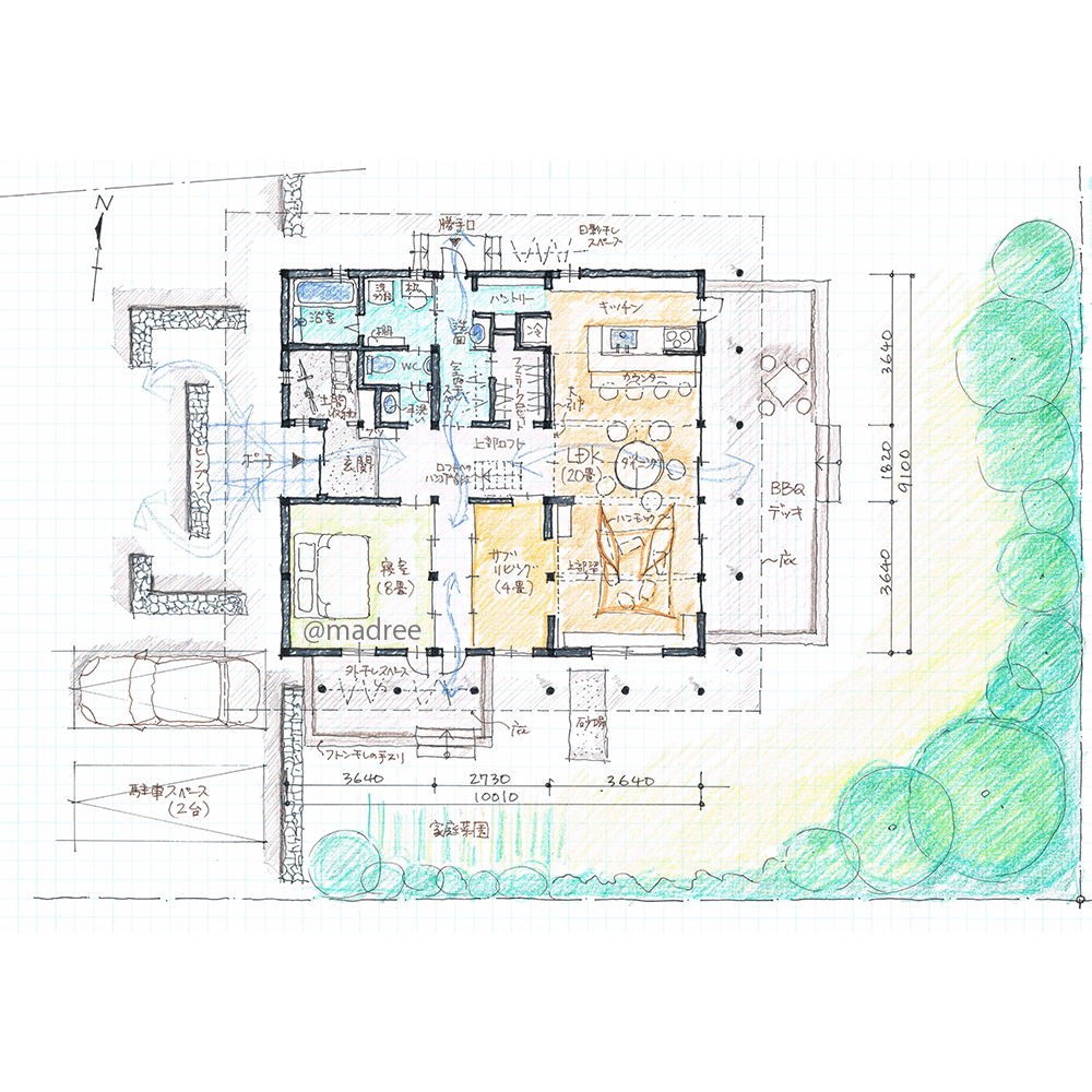 引き戸で繋がる開放的な生活空間、緑に囲まれた快適通風の平屋