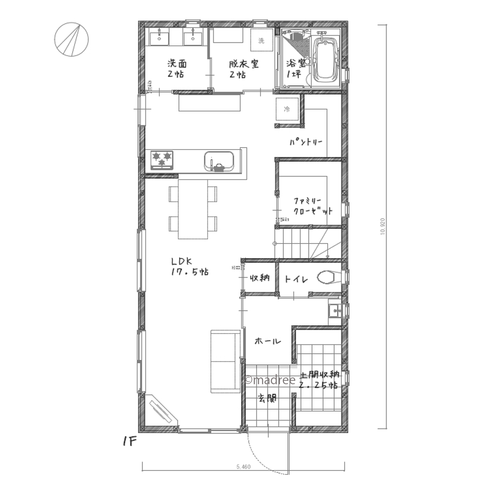 南玄関で採光、縦長の2階建の家