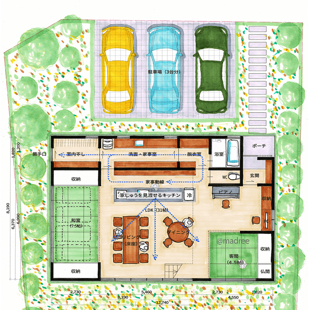 LDK吹抜で縦にも広がる開放感、のびのび過ごす床座リビングの家