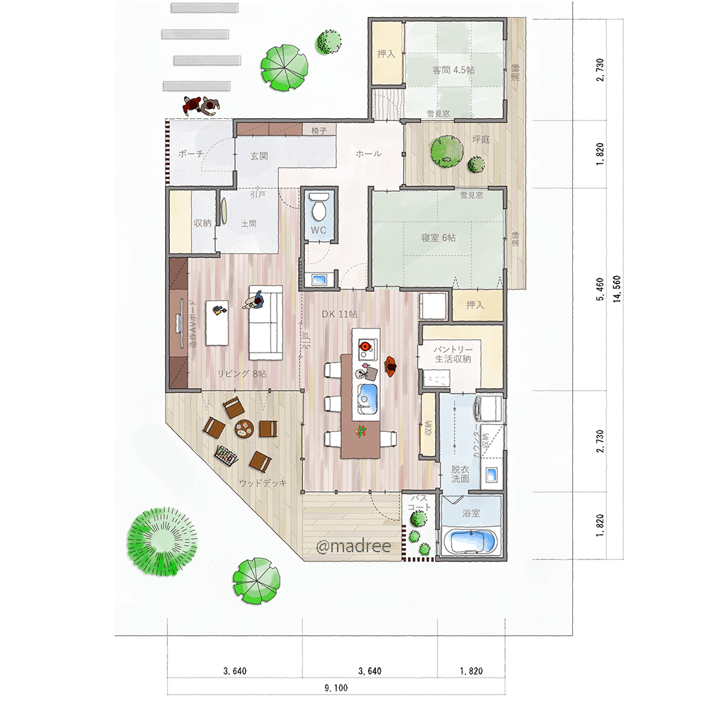 坪庭借景が玄関彩る、愛犬の側で過ごす土間リビングのある平屋