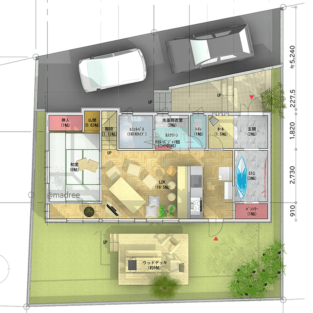 広い土間収納はまるで趣味部屋、独立デッキでアウトドア充実の二世帯住宅