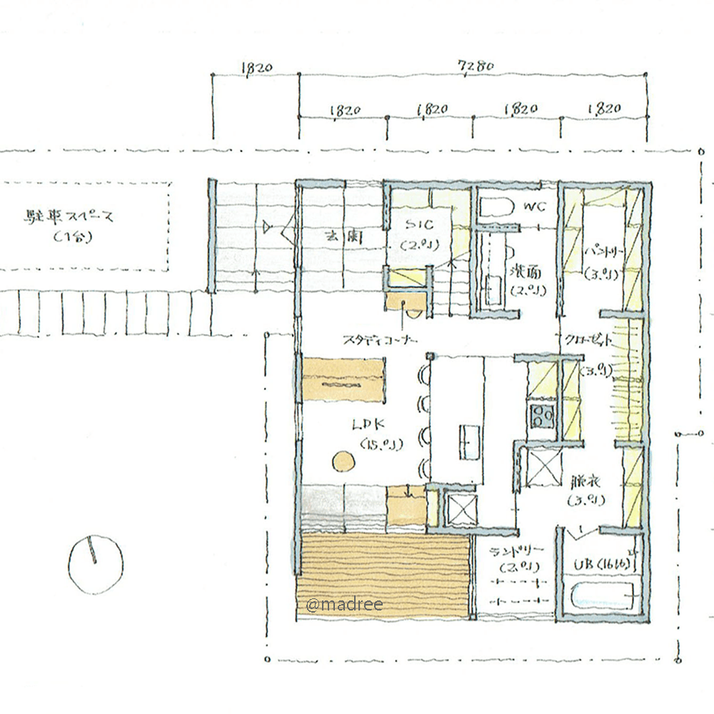 兼用カウンターで空間活用、開口デッキから光取り込む明るい旗竿地の家