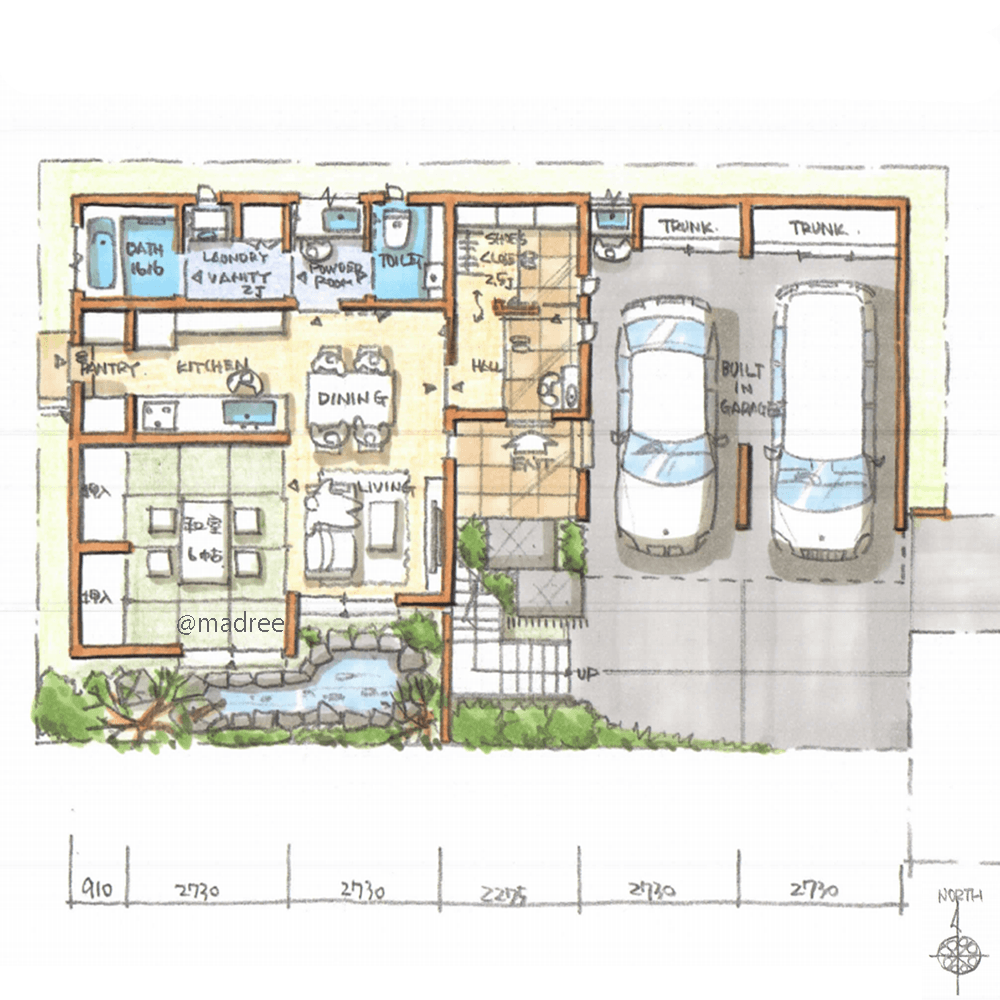 庭池の錦鯉と木々に癒される、人が集まる賑やかな二世帯住宅