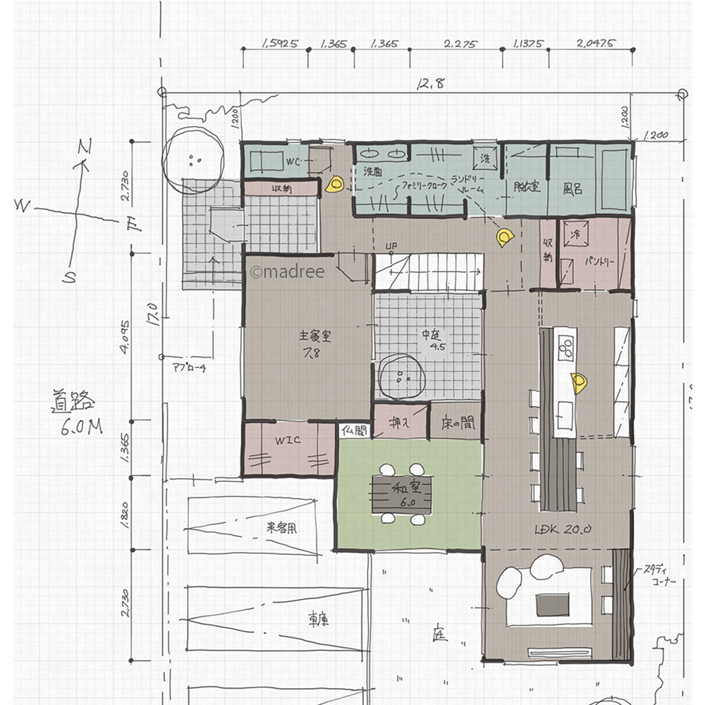 プライベート中庭から光が届く、将来を見据えた平屋風2階建ての家