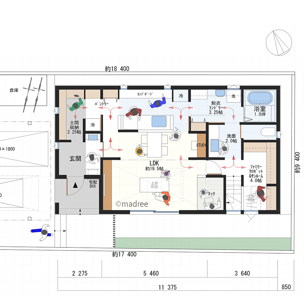 コの字の隠せる生活裏動線で、LDKを心地良いリラックス空間にする家