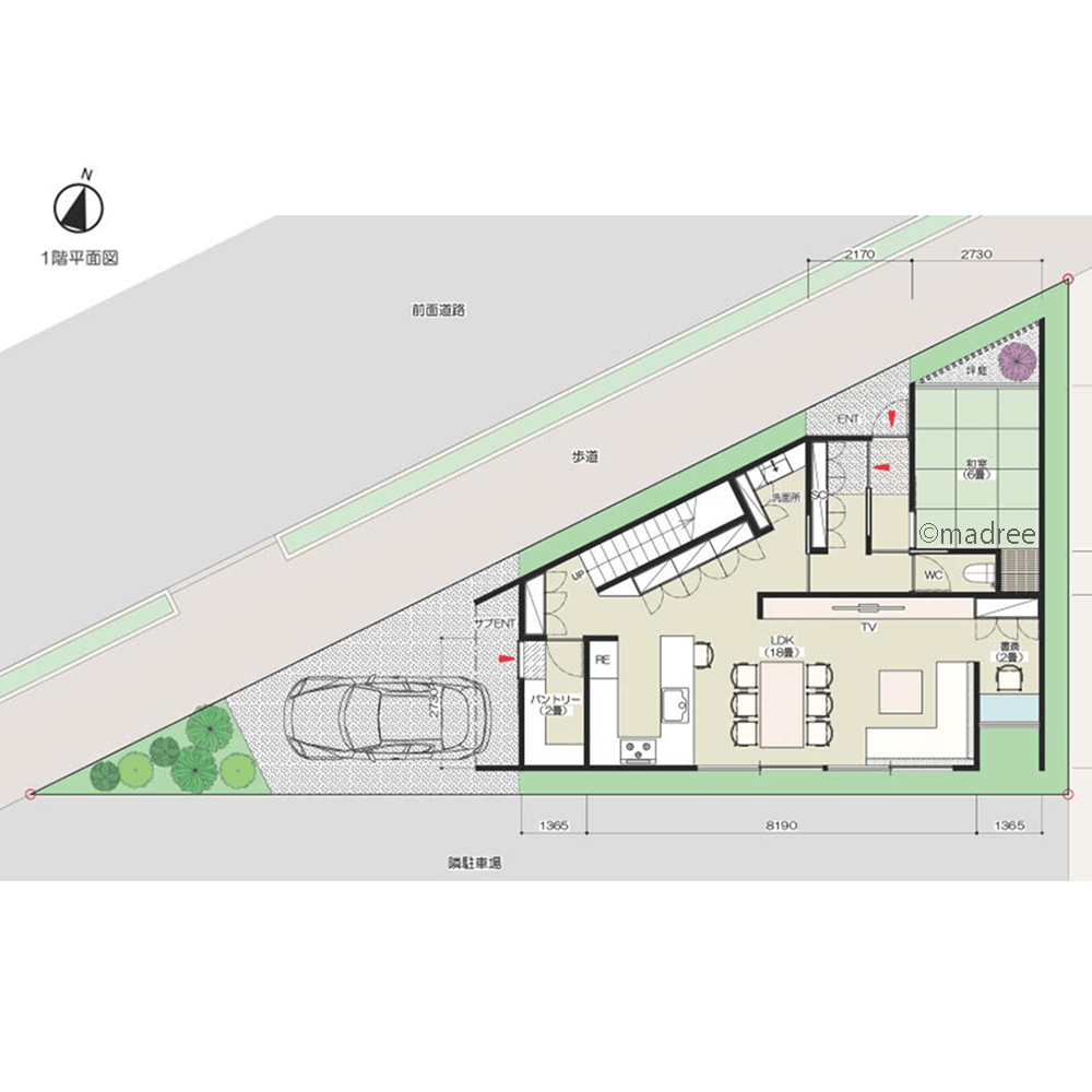 来客から隠せる生活動線、視線を気にせず過ごす三角地に建つ家