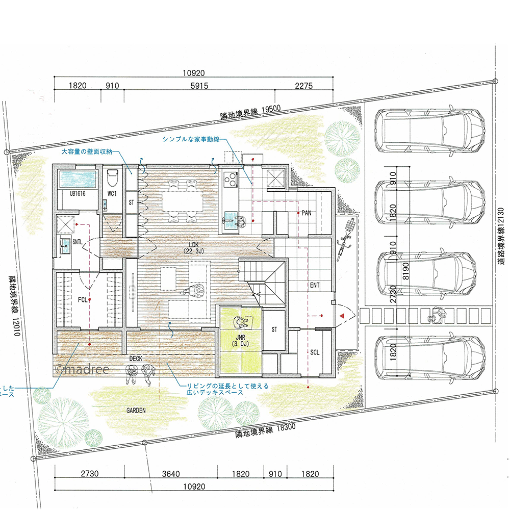 2種類のシンプル動線で家事楽らく、横長LDKを気持ち良く風が抜ける家