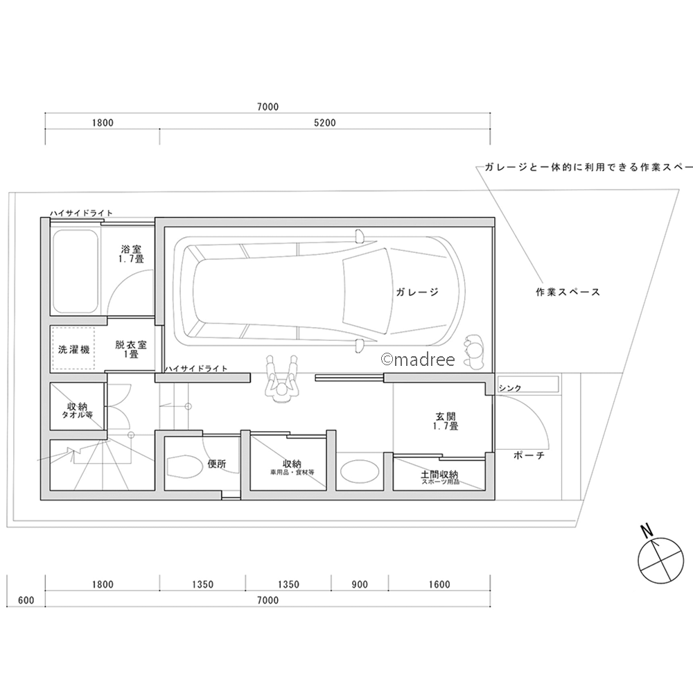 帰宅後はキレイサッパリしてLDKへ、壁面収納で狭小地を広々使える家