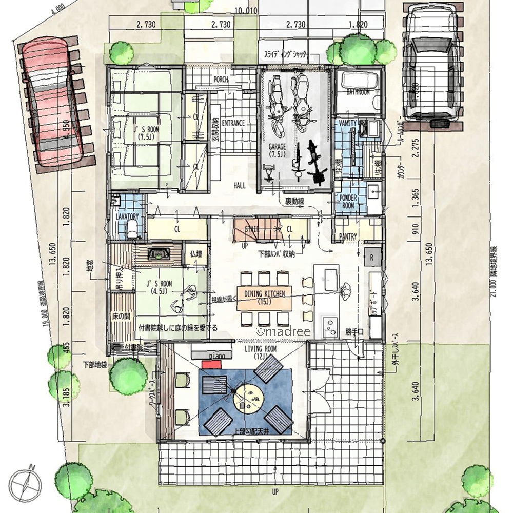 庭の緑も取り込むゆったり空間、勾配天井で縦にも抜ける座リビングのある家