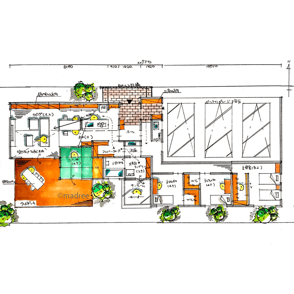 光と風を呼びこむ開放的なLDK、on/offメリハリある暮らし実現の平屋