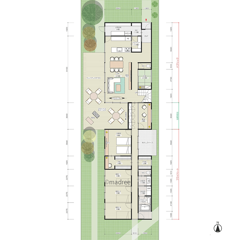 日常とプライベートを分節配置、扉の向こうに少し特別感のある縦長土地の平屋