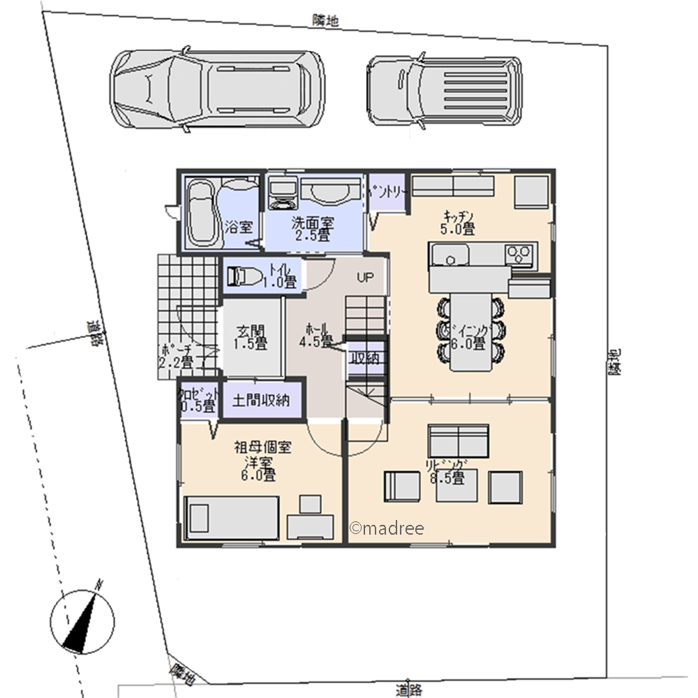広い玄関ホールで介護がスムーズに、プライバシー配慮した4世代同居の家