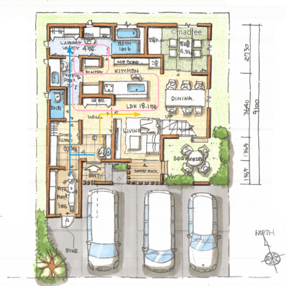 泥だらけでの帰宅にも直ぐ対応、土間から一直線で水廻りへ行けるサッパリ裏動線のある家