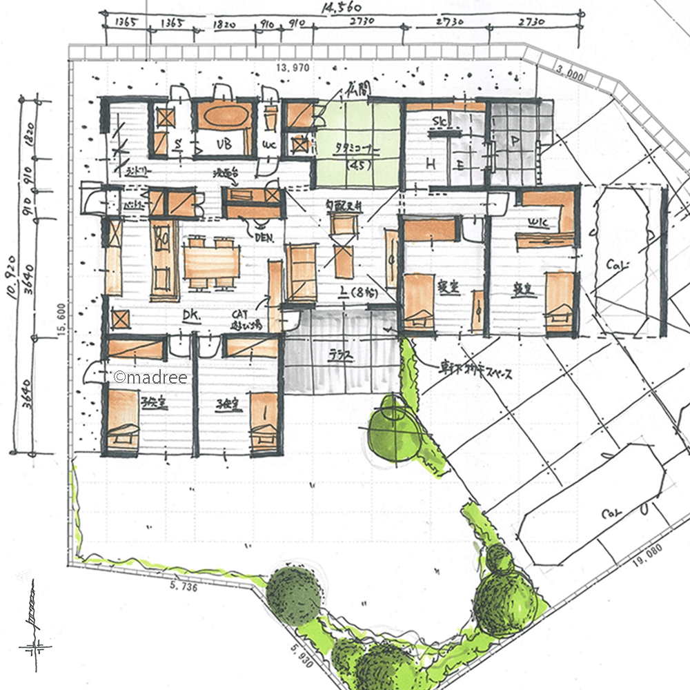 全室南向きで明るいプライベート空間、行き止まりなくサクサク動ける平屋の二世帯住宅