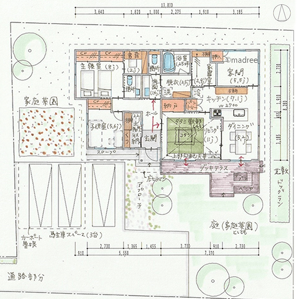 畳リビングに掘りごたつ、デッキに造り付けベンチでアウトドアリビングを楽しむ平屋
