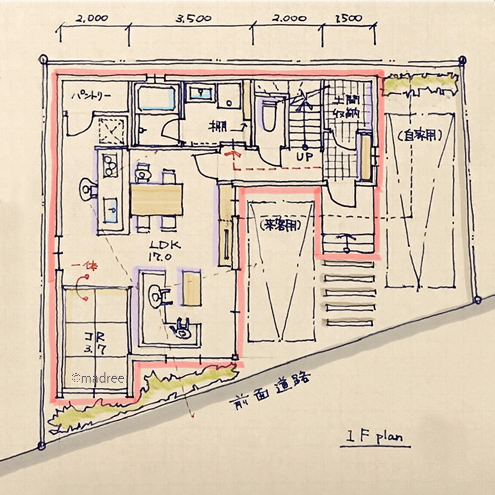 LDKを通らず玄関から水廻りへ直行、自然に綺麗をキープできる帰宅後動線のある家