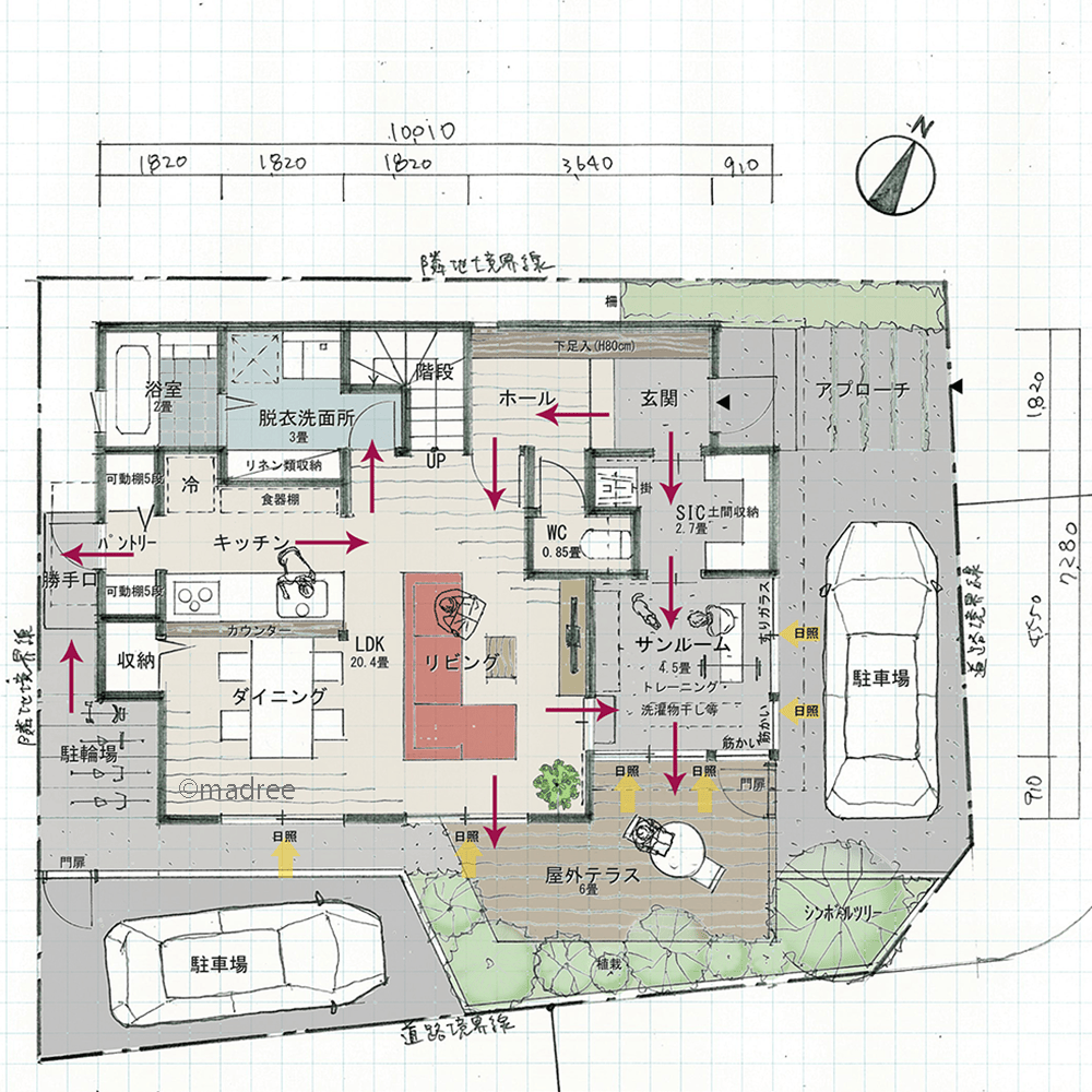 外からの視線気にしない伸びやかな暮らしを、玄関からテラスまで土間でつながる家