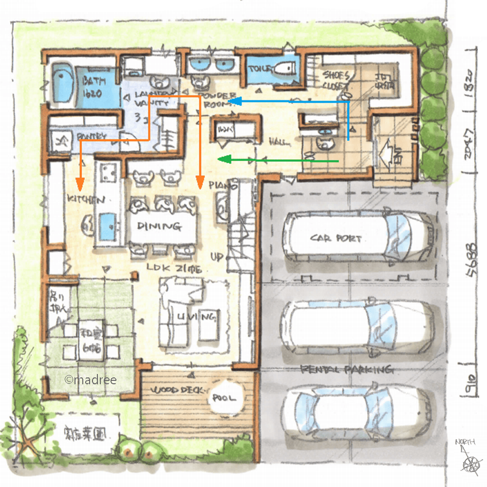 大きな吹抜で日中明るいLDKと、趣味に囲まれた心温まる家