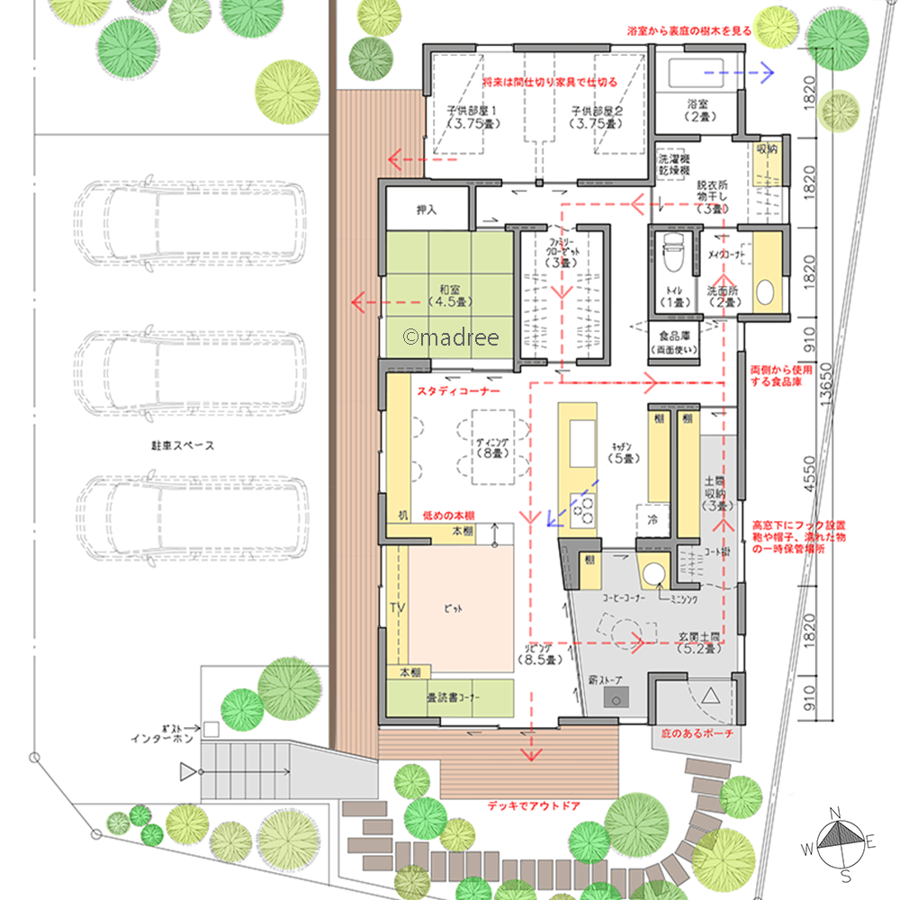 複数の回遊動線で屋内外を繋ぐ、本好きが篭れる畳の陽だまり読書コーナーのある平屋