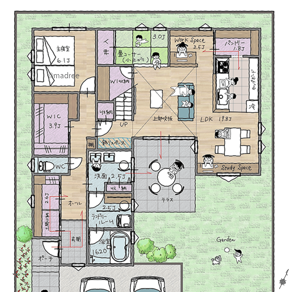 海外ゲストを畳の客間でおもてなし、ストレスなく片付く広々リビング収納のある家
