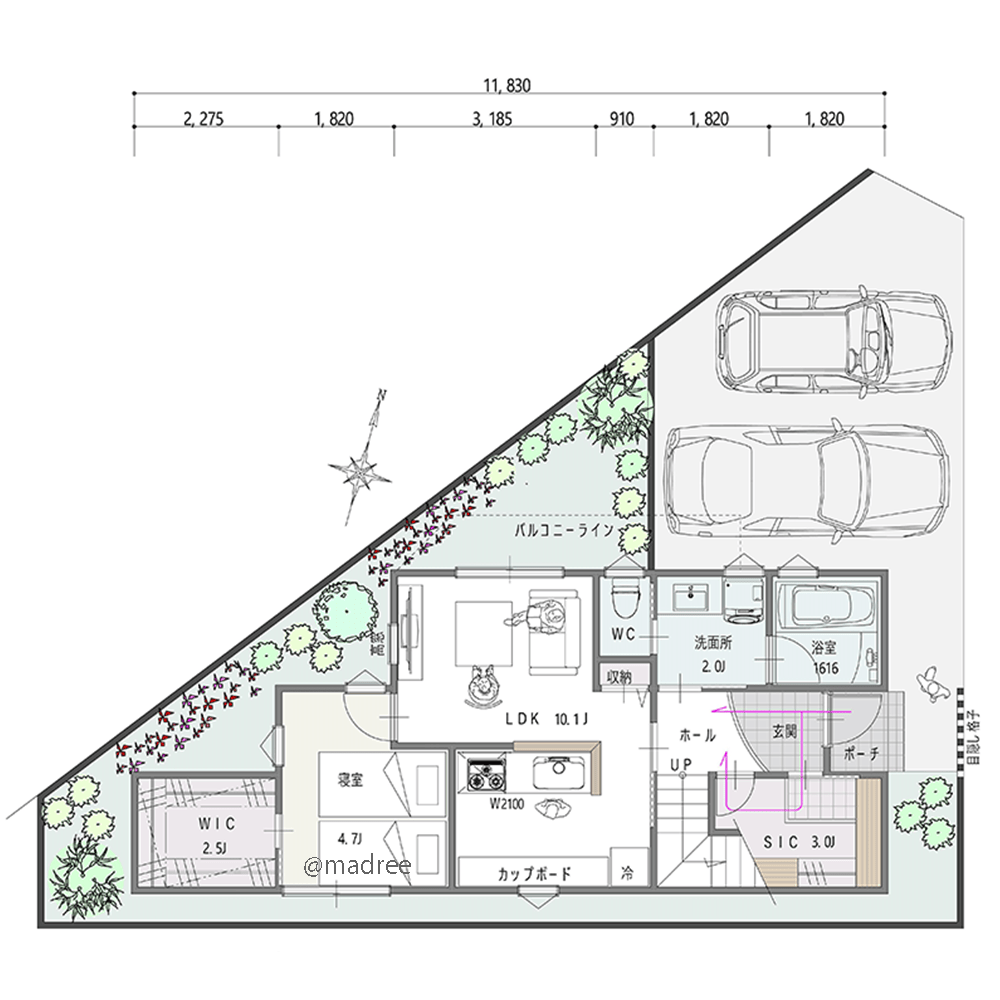 キッチンを中心にぐるっと回遊家事、変形地を生かした明るい二世帯住宅