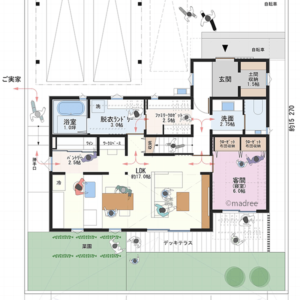 冬も明るく温かく心地良いLDK、将来二世帯を見据えたバリアフリーの家