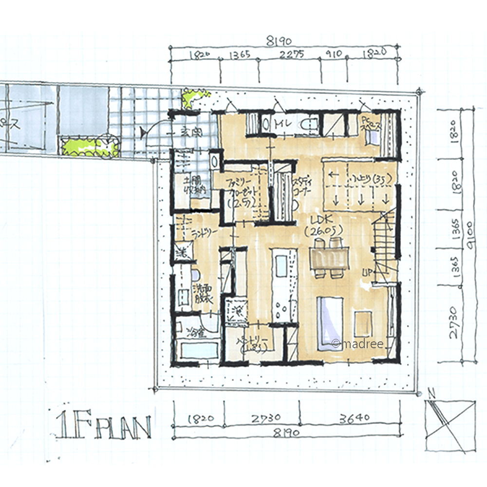 景観よりも陽当たりを重視、高窓と吹抜からの光で明るい旗竿地に建つ家
