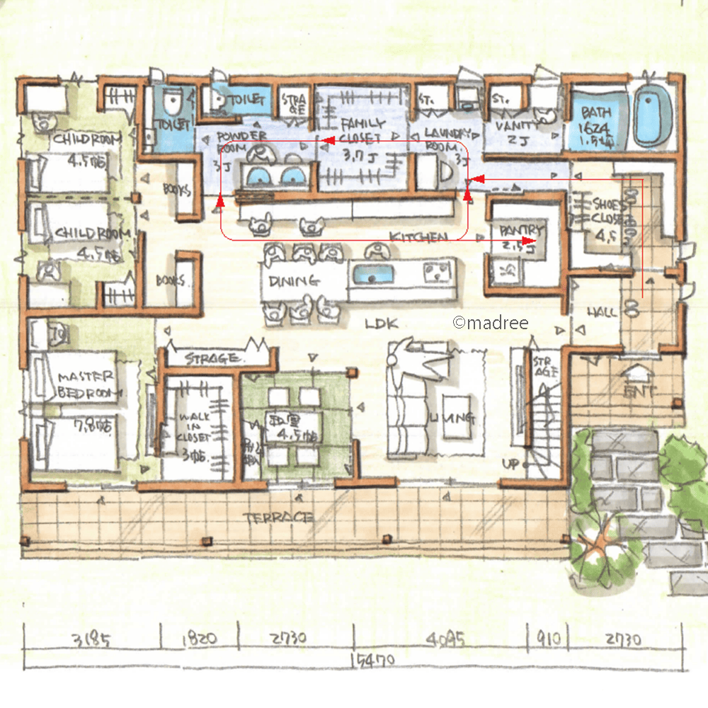 多回遊動線が生活を楽にする、自然を感じながら人を繋ぐ屋根付きテラスのある平屋