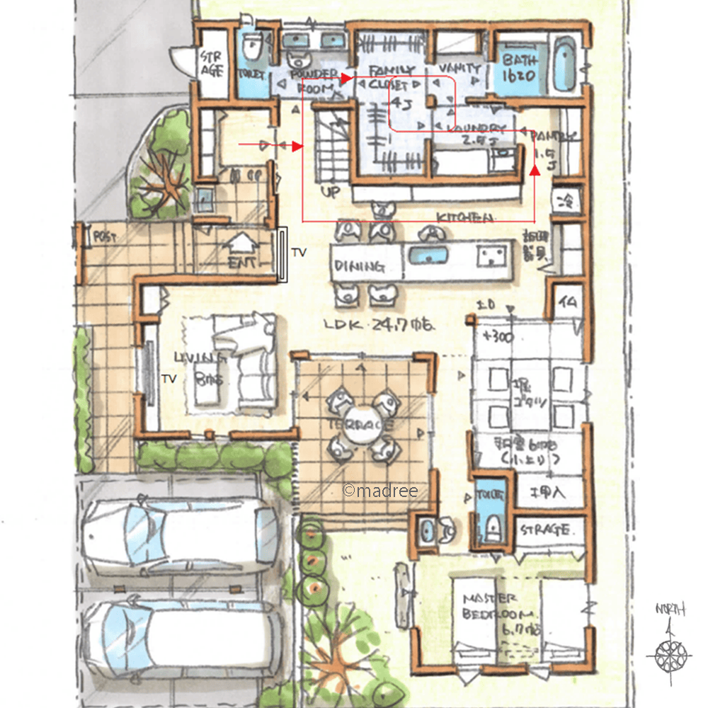 1階完結の生活動線で老後まで快適、プライベートな光庭テラスへ風の抜ける家