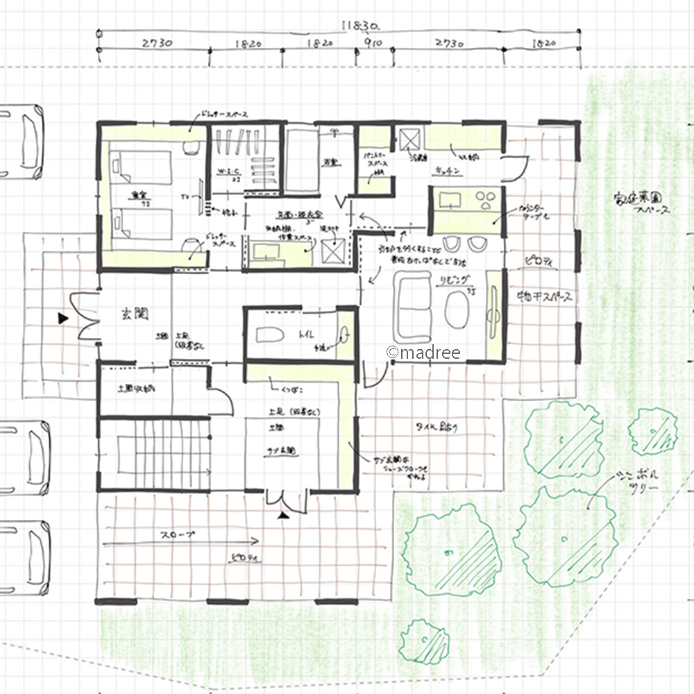 視線の抜けるプライベート空間、ピロティで屋外時間を共有できる二世帯住宅