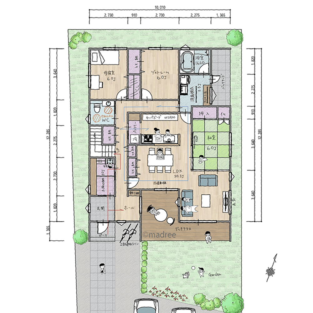 介護を視野にいれて空間を広く活用、玄関とデッキを共有で過ごす二世帯住宅