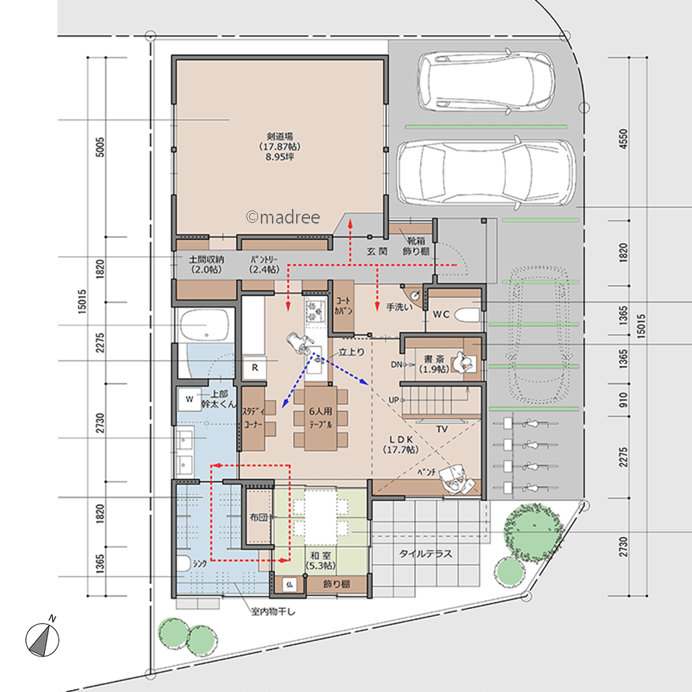 つい長居したくなる心地良いリビングと、親子で稽古に励む道場のある家