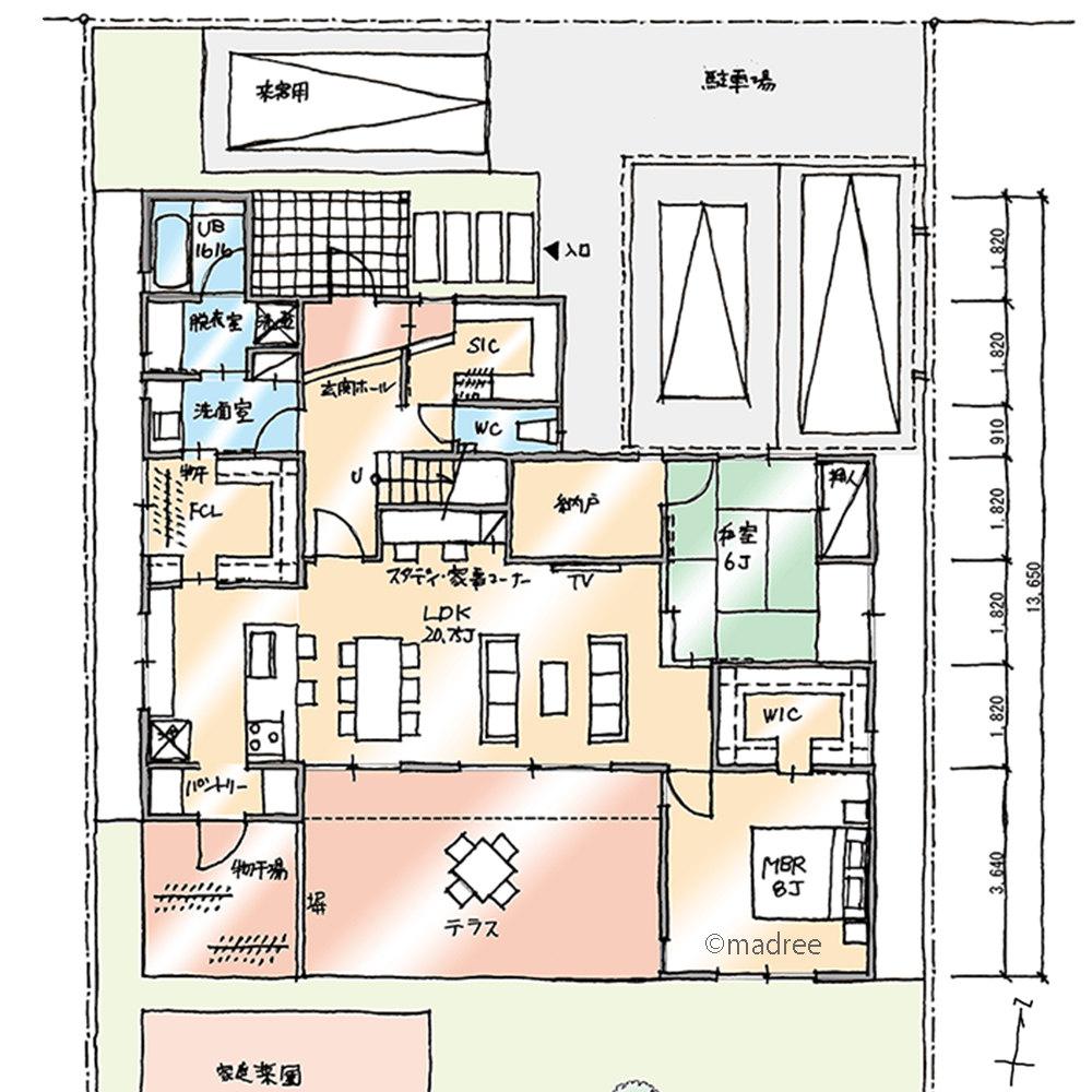 庭まで一直線のプライベートゾーン、来客の視界が届かない裏動線のある家