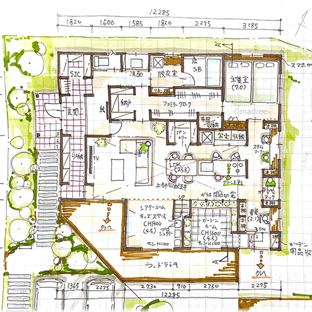 安心安全なクローズ外構で家族守る、開放的な広い庭と大きな吹抜の平屋