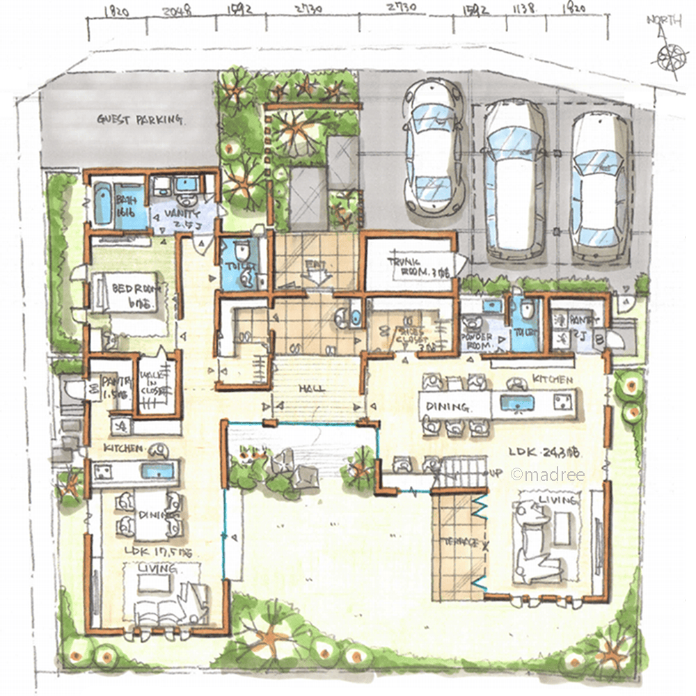 まわりの視線気にせず家族団らん楽しむ、中庭に開けた明るい二世帯住宅