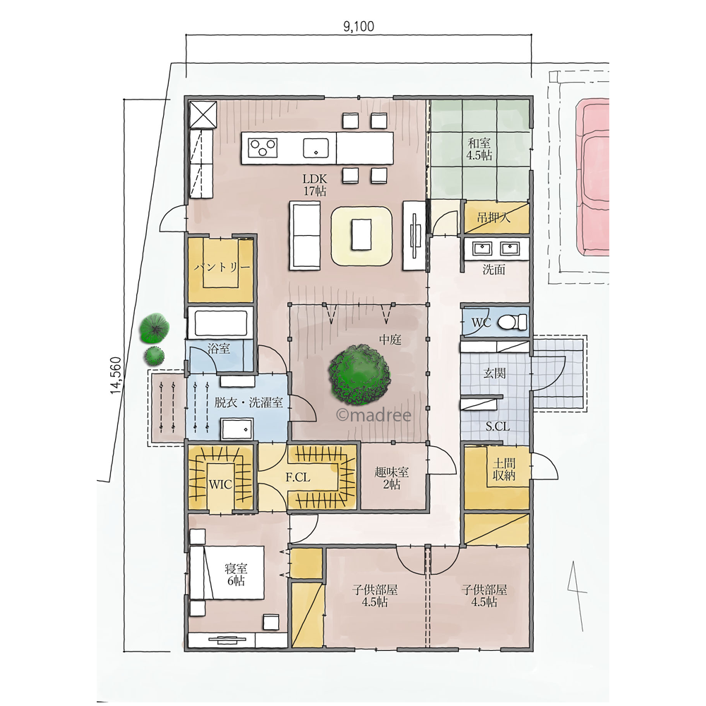 中庭をロの字にぐるりと囲む、行き止まり無く回遊できる平屋