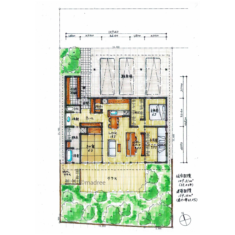 緑豊かな広いテラスで、収納たっぷり片付く平屋