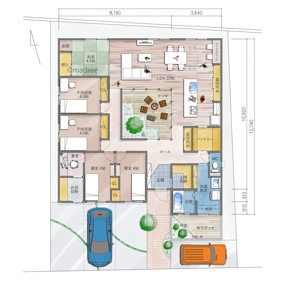 中庭から光取り込む北側リビングで、眺め生かした高台の家