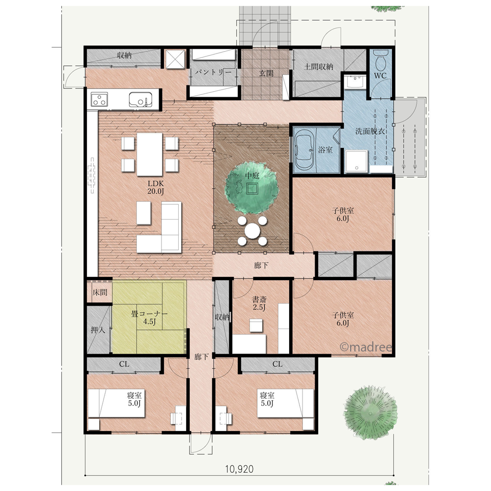 四季折々楽しめる中庭で、くつろぎ時間大切にした平屋