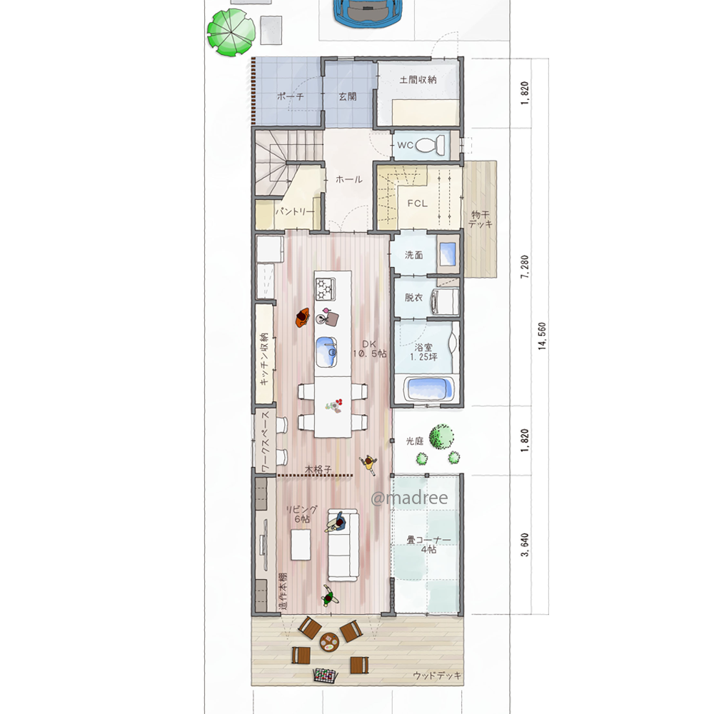 木格子の仕切りで程良く家族の距離感キープ、中庭から光呼び込む縦長の家