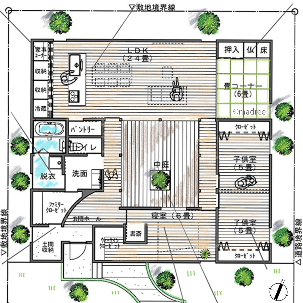 生活動線上にある憩いの場、ガラス窓の向こうに家族の気配を感じられる平屋
