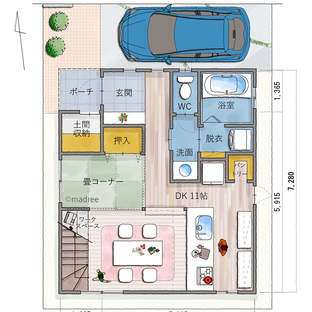圧迫感なく空間繋がる、床の高さに変化を付けた自然と目線の合う家
