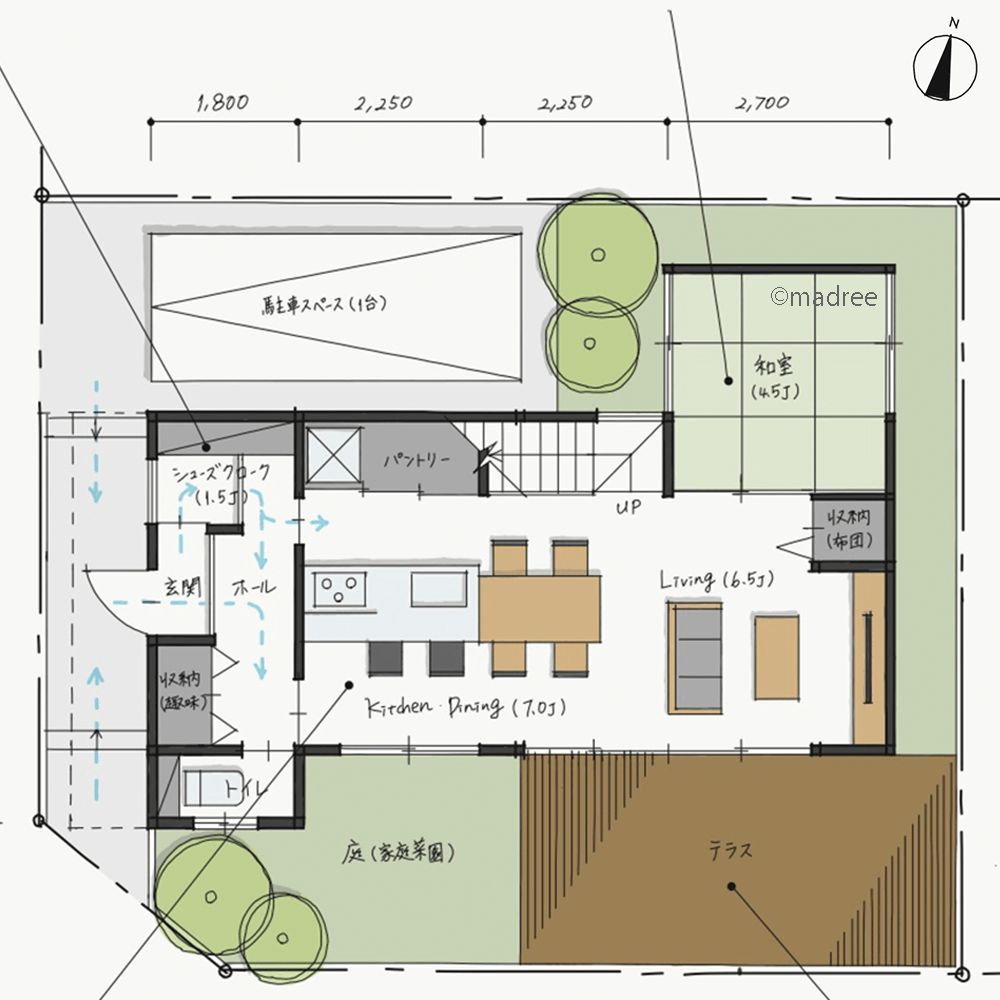 アウトドアリビングへ視界広がる、開放的で奥行き感じる狭小住宅
