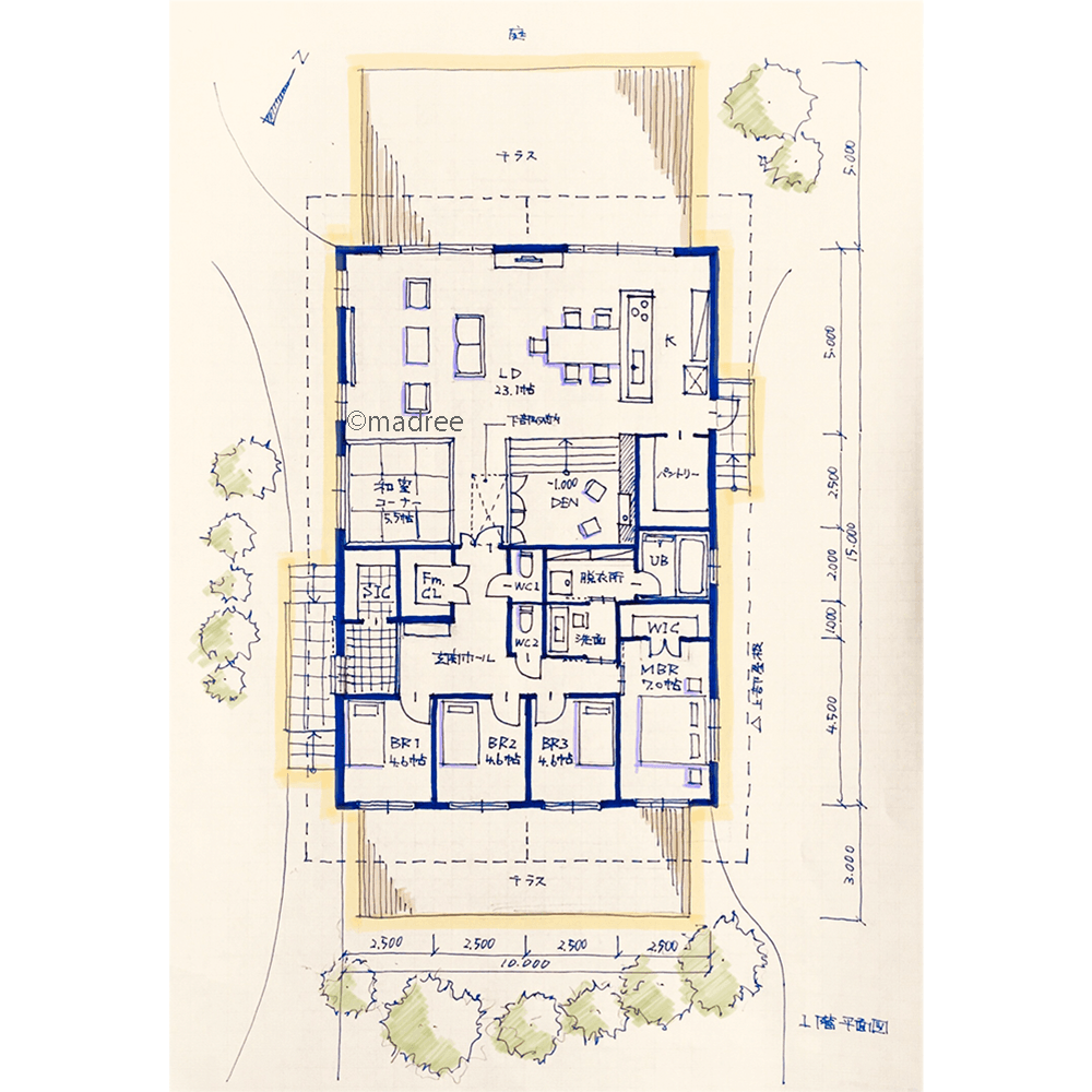 2つの庭とテラスに繋がる開放感、隠れ家のようなDENで趣味を楽しむ平屋