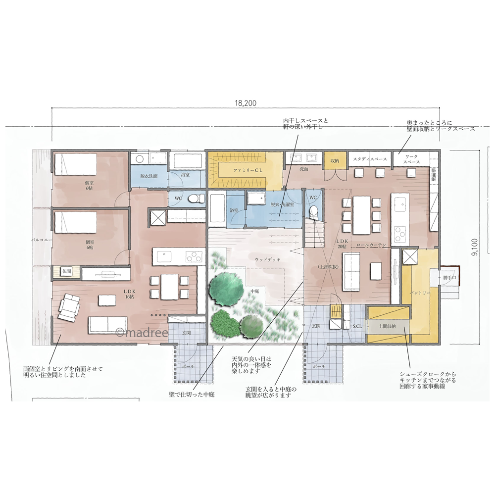 壁面活用し部屋を広く使う、ウッドデッキで繋がる多世帯で住む家