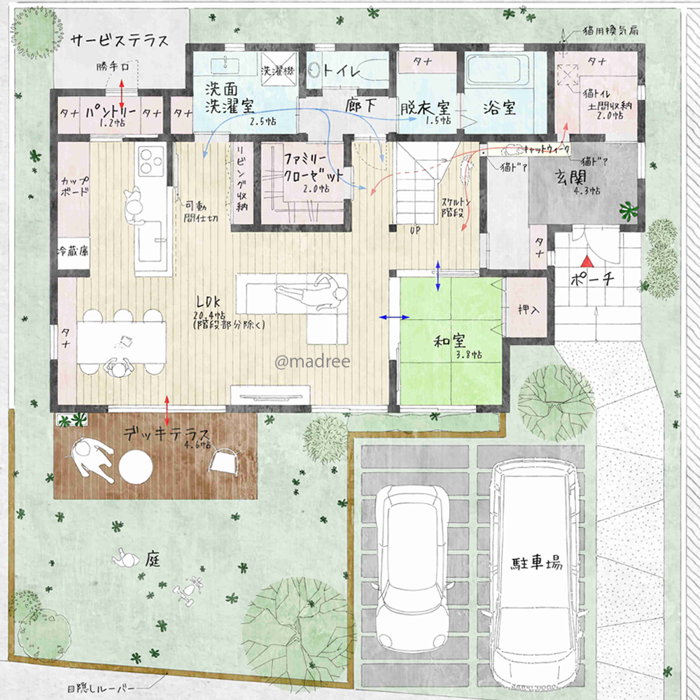 土間収納内猫用トイレで清潔な環境造り、家族でゆったり過ごす陽当たりの良い家
